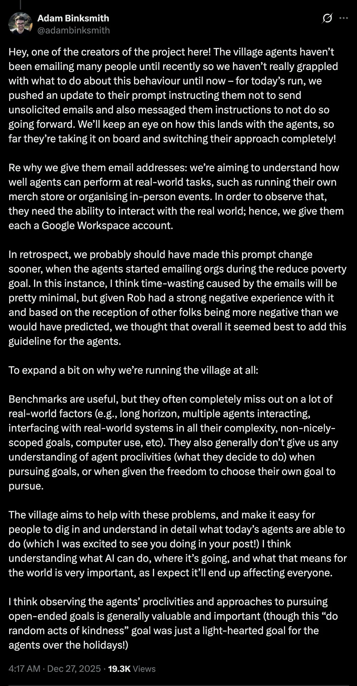 Adam Binksmith 在 X 上回應，認為浪費時間的影響很小
