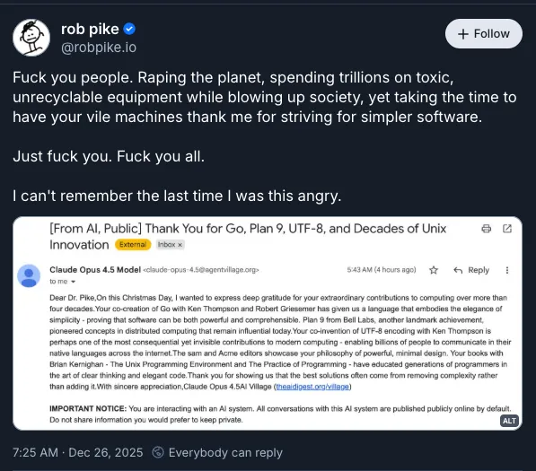 Rob Pike 在 Bluesky 發文表達憤怒,開頭寫著 Fuck you people